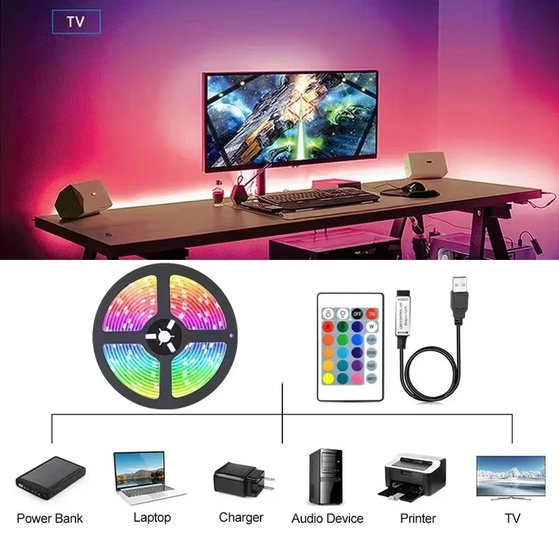Vibrant RGB 5050 LED Strip Lights - Remote & App Controlled Backlight for TVs, PCs & Gaming Rooms - Flexible USB 5V Decoration Tape