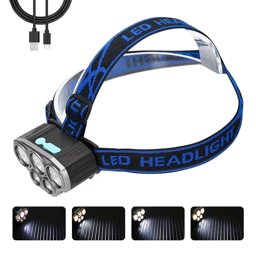Ultra Bright Rechargeable LED Headlamp - Waterproof 5 LED Spotlight for Camping, Running & Outdoor Adventures - Powered by 18650 Battery