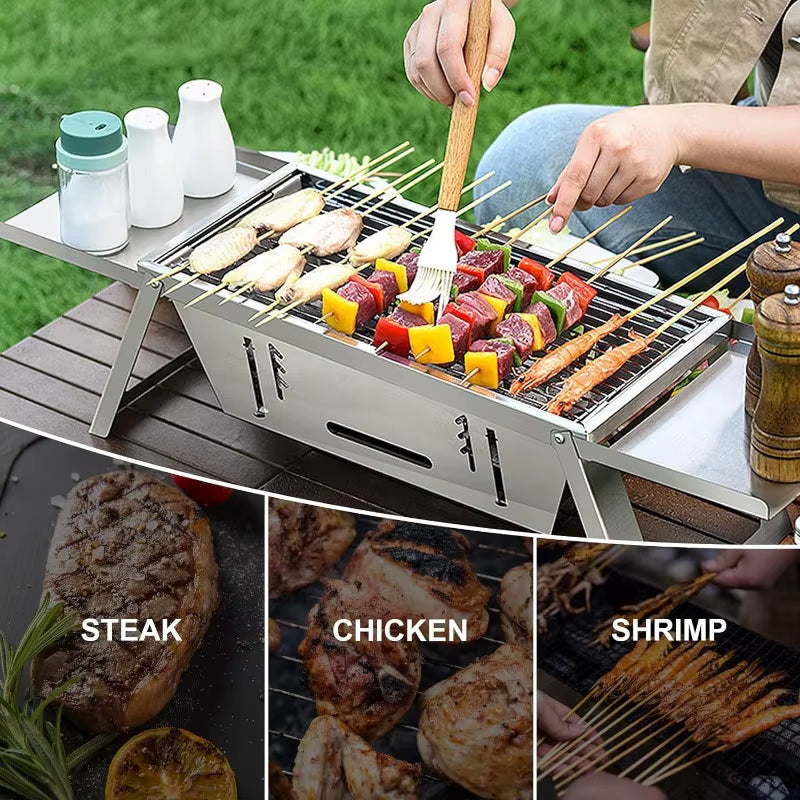 Portable Stainless Steel Charcoal Grill - Lightweight Folding BBQ with Carry Bag for Outdoor Use