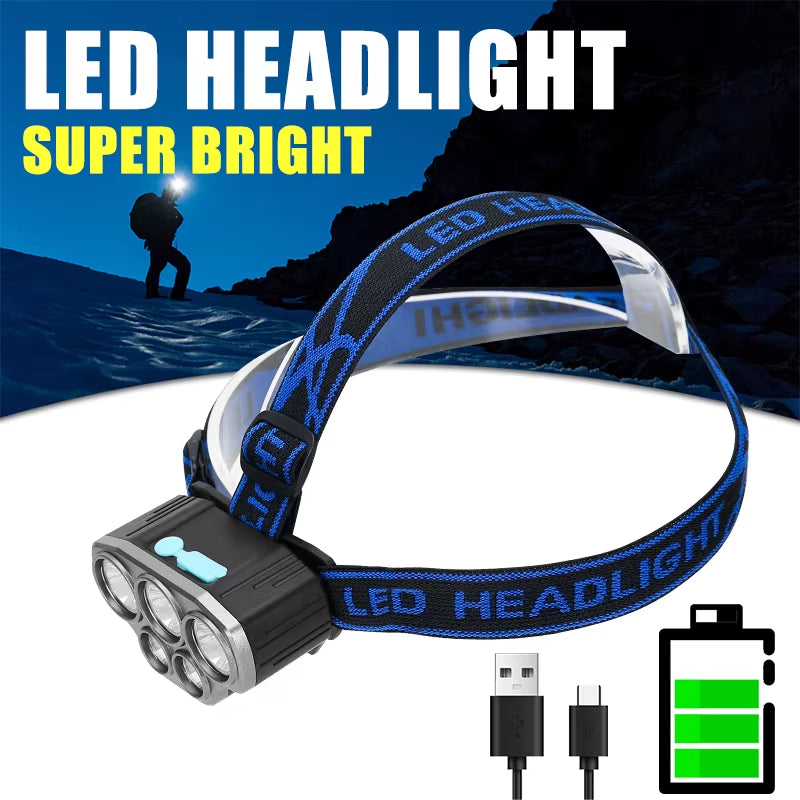 Ultra Bright Rechargeable LED Headlamp - Waterproof 5 LED Spotlight for Camping, Running & Outdoor Adventures - Powered by 18650 Battery