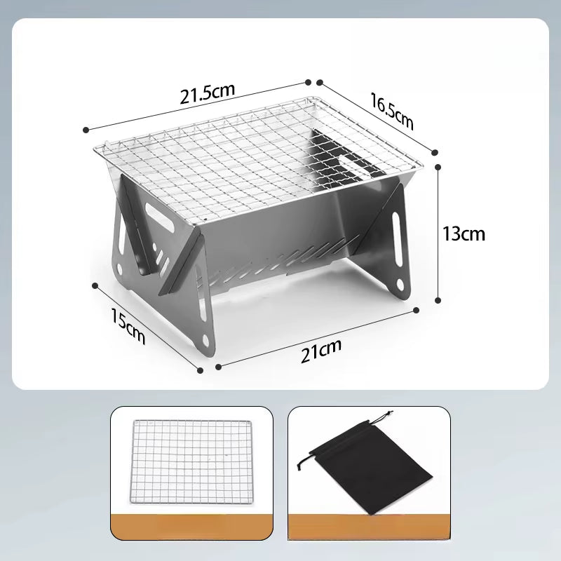 Portable Stainless Steel Charcoal Grill - Lightweight Folding BBQ with Carry Bag for Outdoor Use
