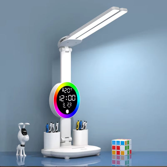 Rechargeable LED Table Lamp with Fan and Clock Display for Study and Reading