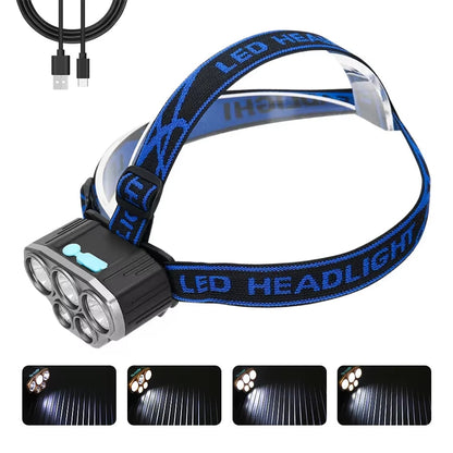 Ultra Bright Rechargeable LED Headlamp - Waterproof 5 LED Spotlight for Camping, Running & Outdoor Adventures - Powered by 18650 Battery