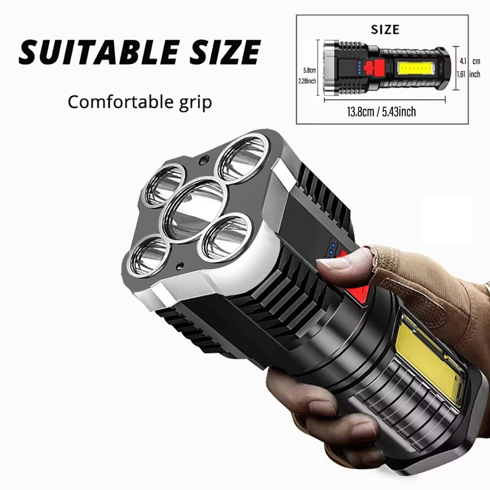 High-Power Rechargeable 5 LED Flashlights - Versatile Camping Spotlight with Side Light & 3 Lighting Modes for Outdoor Adventures