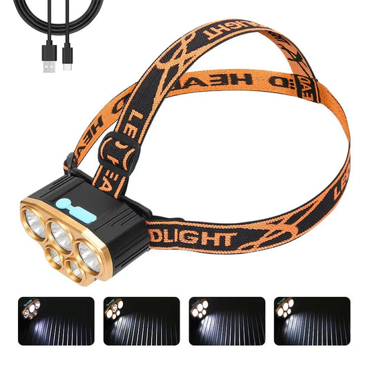 Ultra Bright Rechargeable LED Headlamp - Waterproof 5 LED Spotlight for Camping, Running & Outdoor Adventures - Powered by 18650 Battery