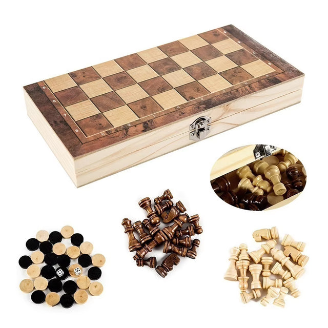 Deluxe 3-in-1 Klappbares Schach- und Dame-Spielset aus Holz – Mit hochwertiger Aufbewahrungslösung