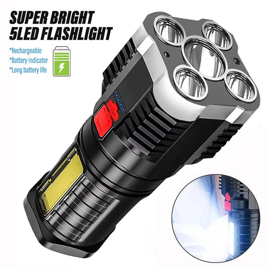 High-Power Rechargeable 5 LED Flashlights - Versatile Camping Spotlight with Side Light & 3 Lighting Modes for Outdoor Adventures