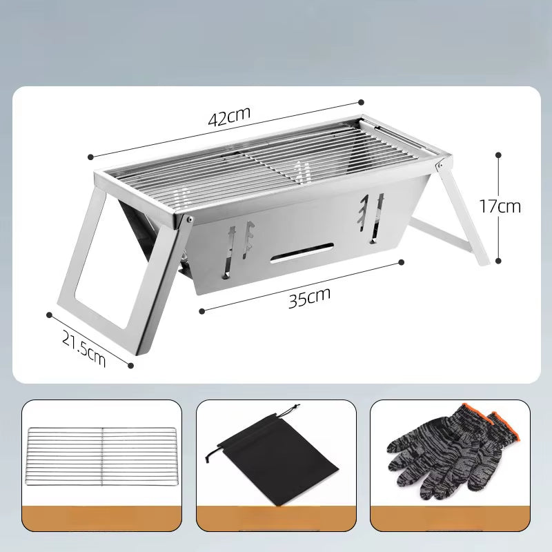 Portable Stainless Steel Charcoal Grill - Lightweight Folding BBQ with Carry Bag for Outdoor Use