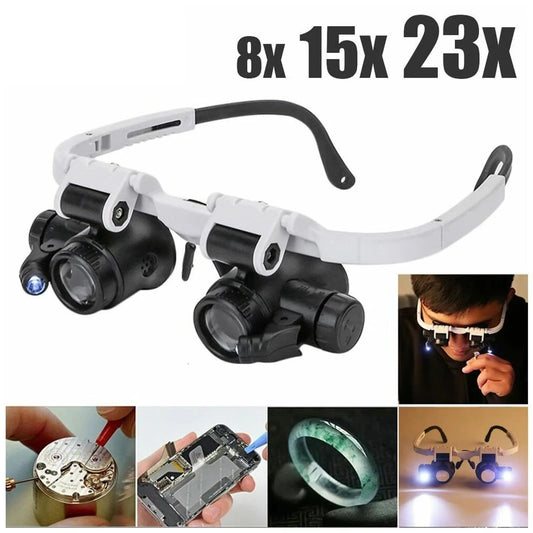 Adjustable 2X LED Magnifying Headband Glasses with 8X 15X 23X Lenses for Jewelers and Repair Work