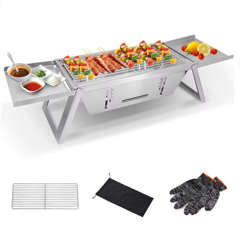 Portable Stainless Steel Charcoal Grill - Lightweight Folding BBQ with Carry Bag for Outdoor Use