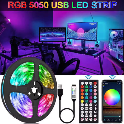 Vibrant RGB 5050 LED Strip Lights - Remote & App Controlled Backlight for TVs, PCs & Gaming Rooms - Flexible USB 5V Decoration Tape