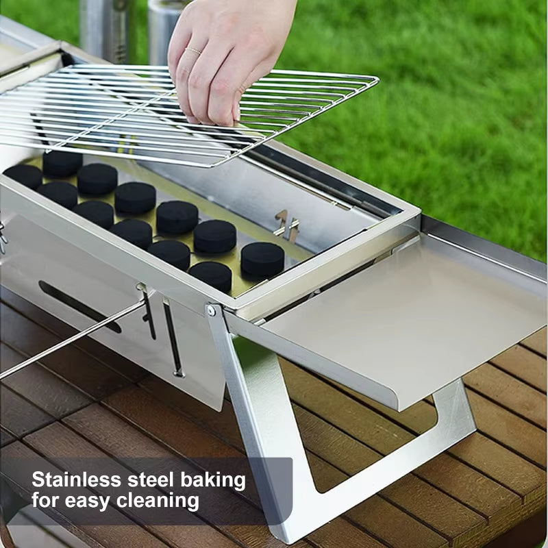 Portable Stainless Steel Charcoal Grill - Lightweight Folding BBQ with Carry Bag for Outdoor Use