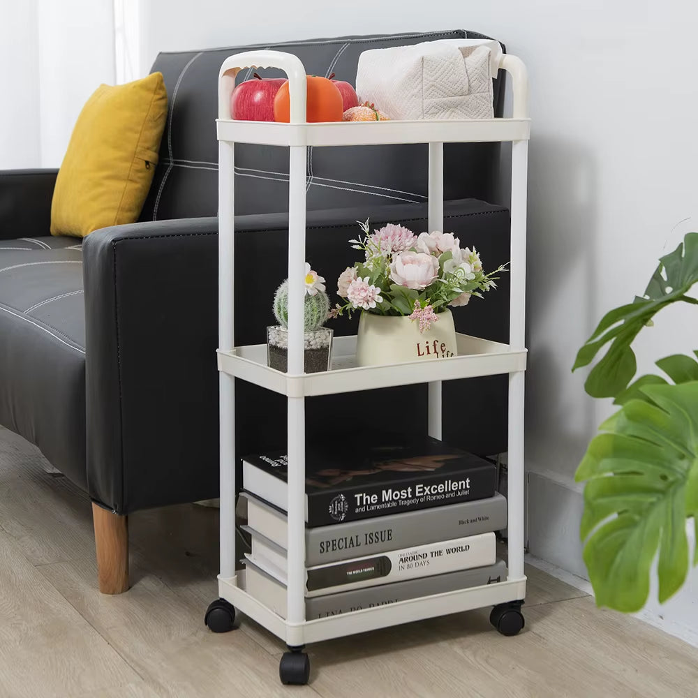 Versatile 3-4 Layer White Plastic Storage Trolley - Perfect for Bathroom Organization